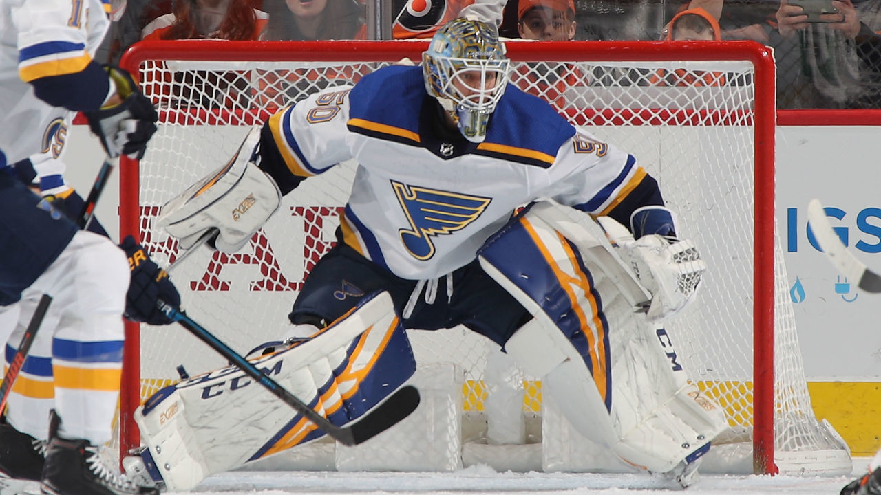 PHILADELPHIA, PENNSYLVANIA - JANUARY 07: Playing in his first NHL start, Jordan Binnington #50 of the St. Louis Blues blocks the net against the Philadelphia Flyers at the Wells Fargo Center on January 07, 2019 in Philadelphia, Pennsylvania.