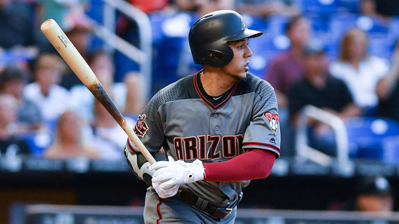 MIAMI, FL - JUNE 25: Jon Jay #9 of the Arizona Diamondbacks in action during the game against the Miami Marlins at Marlins Park on June 25, 2018 in Miami, Florida.