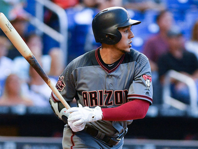 MIAMI, FL - JUNE 25: Jon Jay #9 of the Arizona Diamondbacks in action during the game against the Miami Marlins at Marlins Park on June 25, 2018 in Miami, Florida.