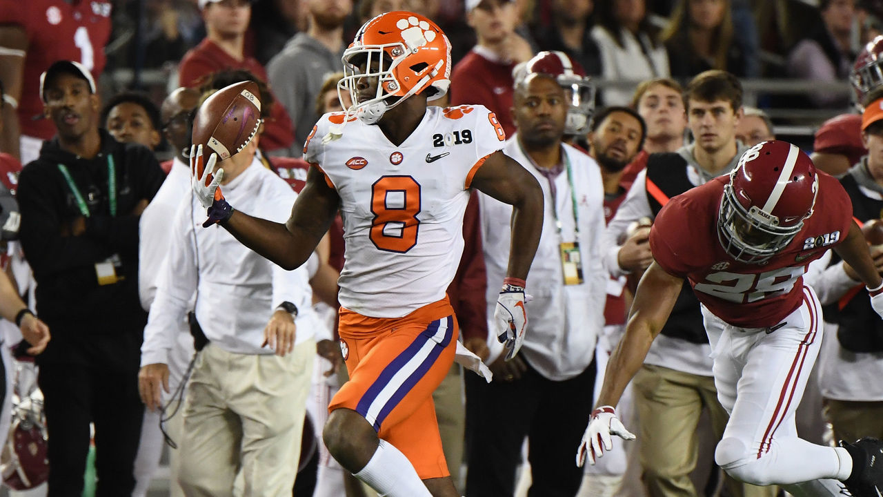 SANTA CLARA, CA - JANUARY 07: Justyn Ross #8 of the Clemson Tigers makes a catch against Josh Jobe #28 of the Alabama Crimson Tide during the third quarter in the CFP National Championship presented by AT&T at Levi's Stadium on January 7, 2019 in Santa Clara, California.
