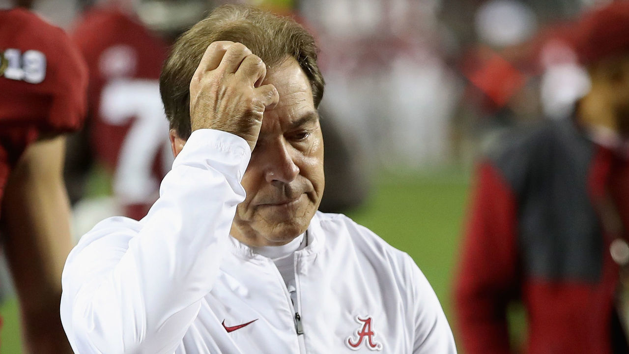 SANTA CLARA, CA - JANUARY 07: Head coach Nick Saban of the Alabama Crimson Tide walks off the field after the first half against the Clemson Tigers in the CFP National Championship presented by AT&T at Levi's Stadium on January 7, 2019 in Santa Clara, California.
