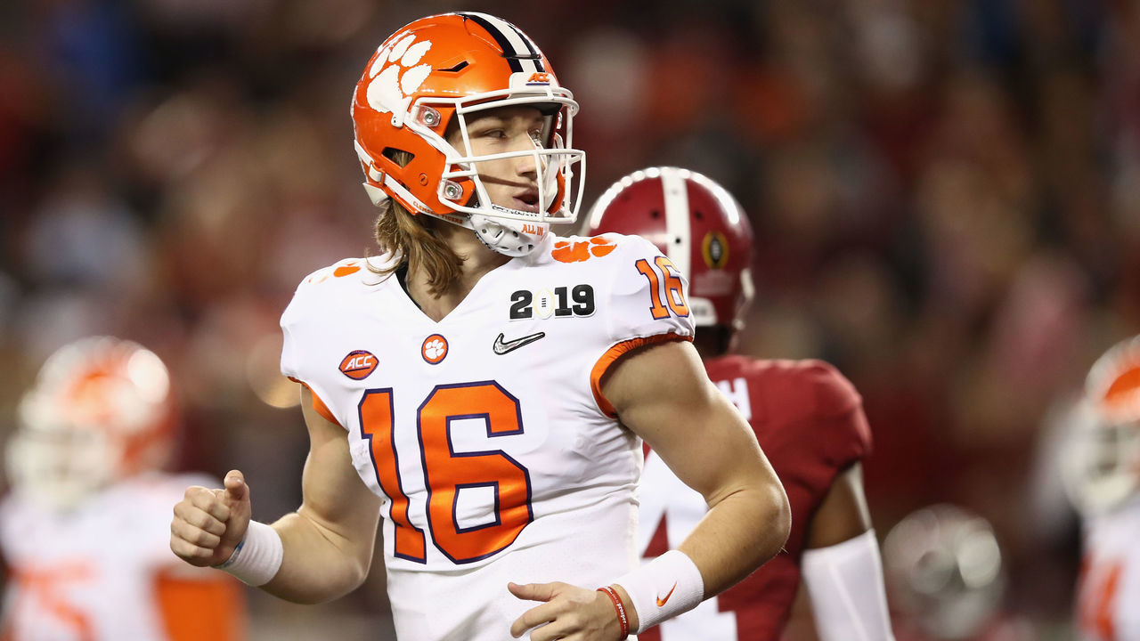 SANTA CLARA, CA - JANUARY 07: Trevor Lawrence #16 of the Clemson Tigers reacts against the Alabama Crimson Tide in the CFP National Championship presented by AT&T at Levi's Stadium on January 7, 2019 in Santa Clara, California.