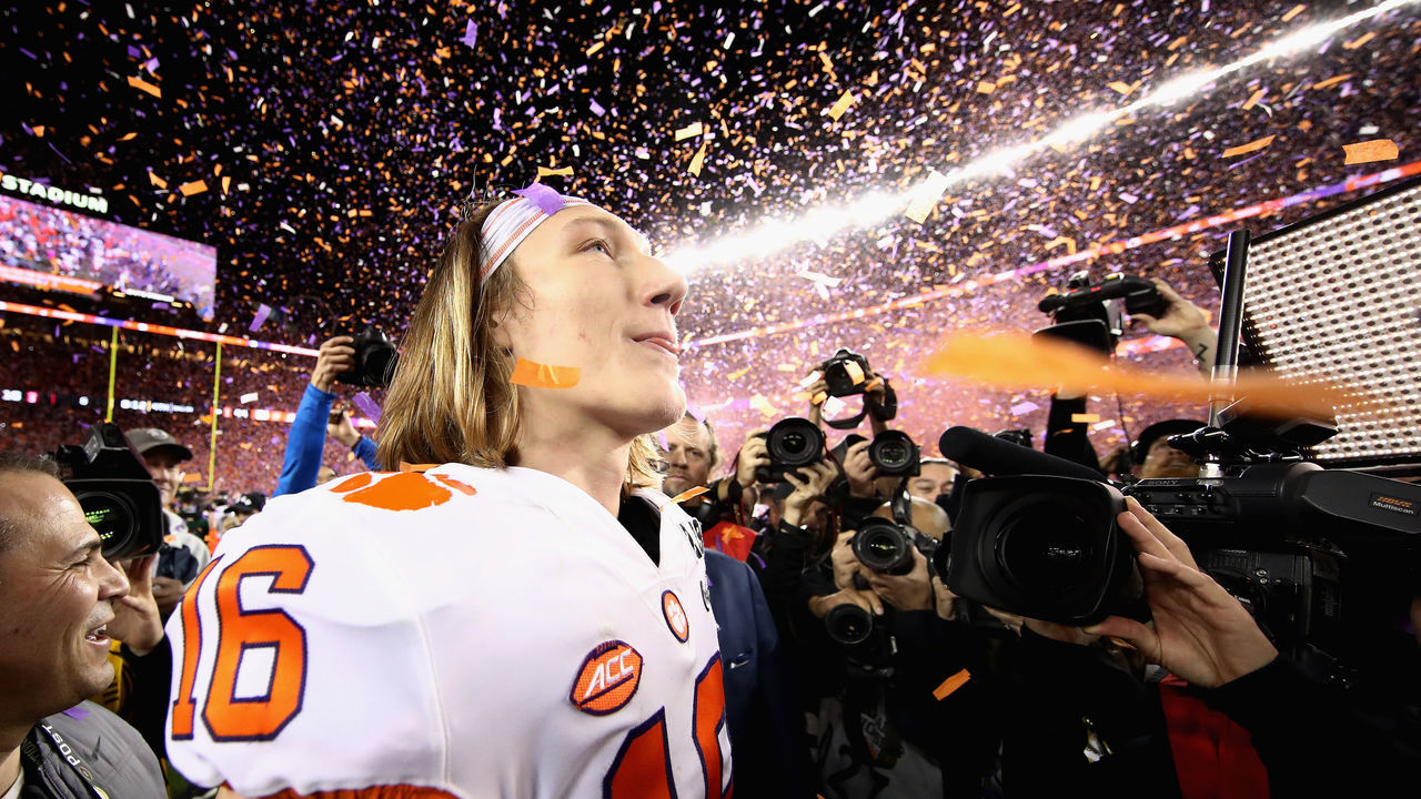 SANTA CLARA, CA - JANUARY 07: Trevor Lawrence #16 of the Clemson Tigers reacts after his teams 44-16 win over the Alabama Crimson Tide in the CFP National Championship presented by AT&T at Levi's Stadium on January 7, 2019 in Santa Clara, California.