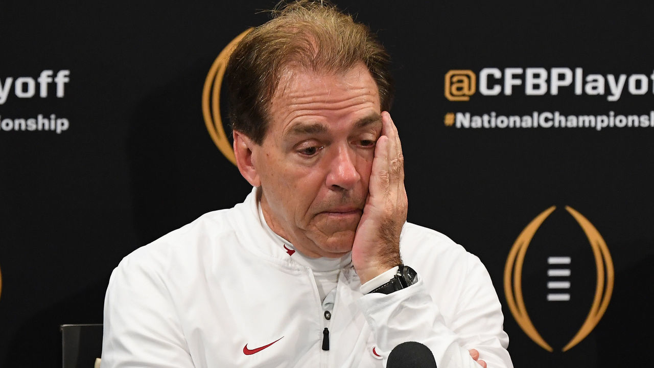 SANTA CLARA, CA - JANUARY 07: Head coach Nick Saban of the Alabama Crimson Tide reacts during the press conference after his teams 44-16 loss to the Clemson Tigers in the CFP National Championship presented by AT&T at Levi's Stadium on January 7, 2019 in Santa Clara, California.