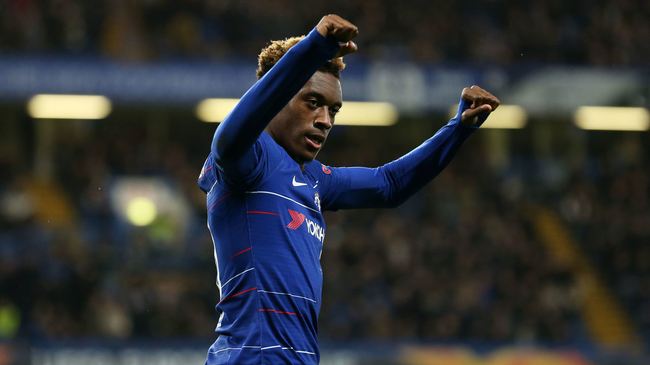 29th November 2018, Stamford Bridge, London, England; UEFA Europa League football, Chelsea versus PAOK; Callum Hudson-Odoi of Chelsea celebrates after scoring his sides 3rd goal in the 60th minute to make it 3-0