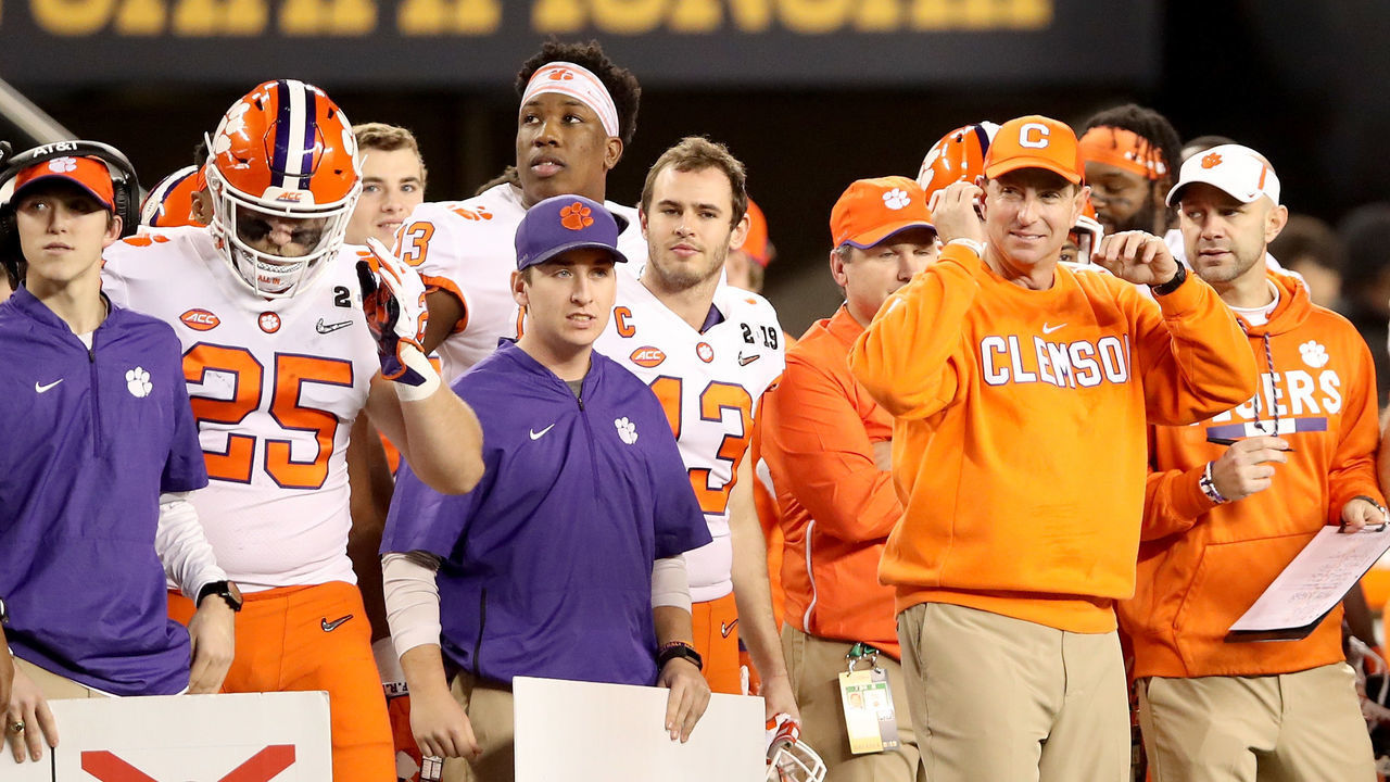SANTA CLARA, CA - JANUARY 07: Head coach Dabo Swinney of the Clemson Tigers celebrates with his team late in the game against the Alabama Crimson Tide in the CFP National Championship presented by AT&T at Levi's Stadium on January 7, 2019 in Santa Clara, California.