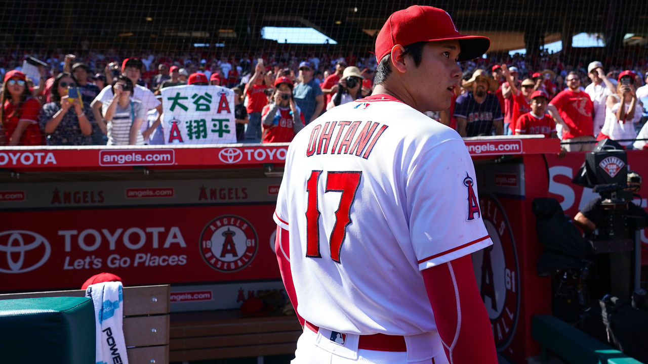 ANAHEIM, CA - SEPTEMBER 30: Shohei Ohtani #17 of the Los Angeles Angels of Anaheim looks on during the game against the Oakland Athletics at Angel Stadium on September 30, 2018 in Anaheim, California.