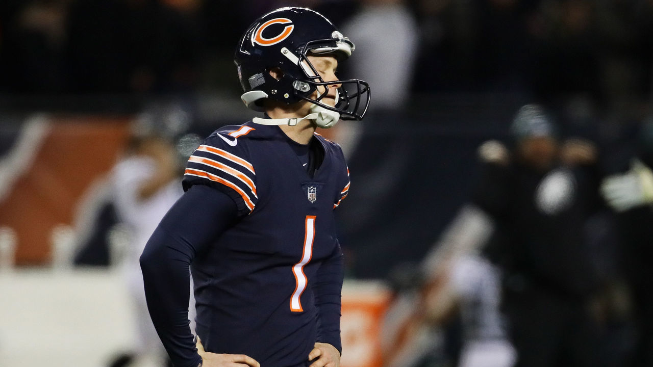 CHICAGO, ILLINOIS - JANUARY 06: Cody Parkey #1 of the Chicago Bears reacts after missing a field goal attempt in the final moments of their 15 to 16 loss to the Philadelphia Eagles in the NFC Wild Card Playoff game at Soldier Field on January 06, 2019 in Chicago, Illinois.