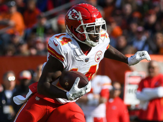 CLEVELAND, OH - NOVEMBER 4, 2018: Wide receiver Sammy Watkins #14 of the Kansas City Chiefs carries the ball in the first quarter of a game against the Cleveland Browns on November 4, 2018 at FirstEnergy Stadium in Cleveland, Ohio. Kansas City won 37-21. (Photo by: 2018 Nick Cammett/Diamond Images/Getty Images)