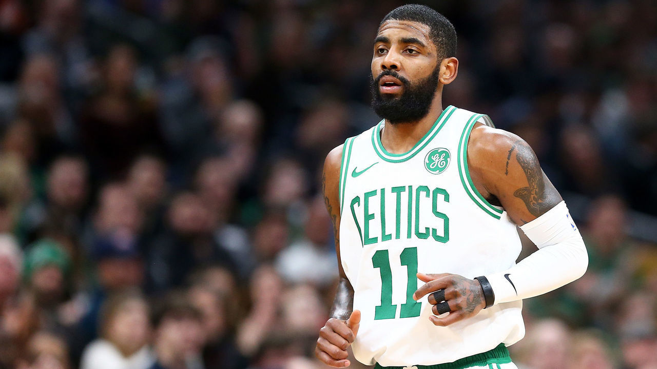 BOSTON, MA - JANUARY 07: Kyrie Irving #11 of the Boston Celtics looks on during the first quarter of a game against the Brooklyn Nets at TD Garden on January 7, 2019 in Boston, Massachusetts.