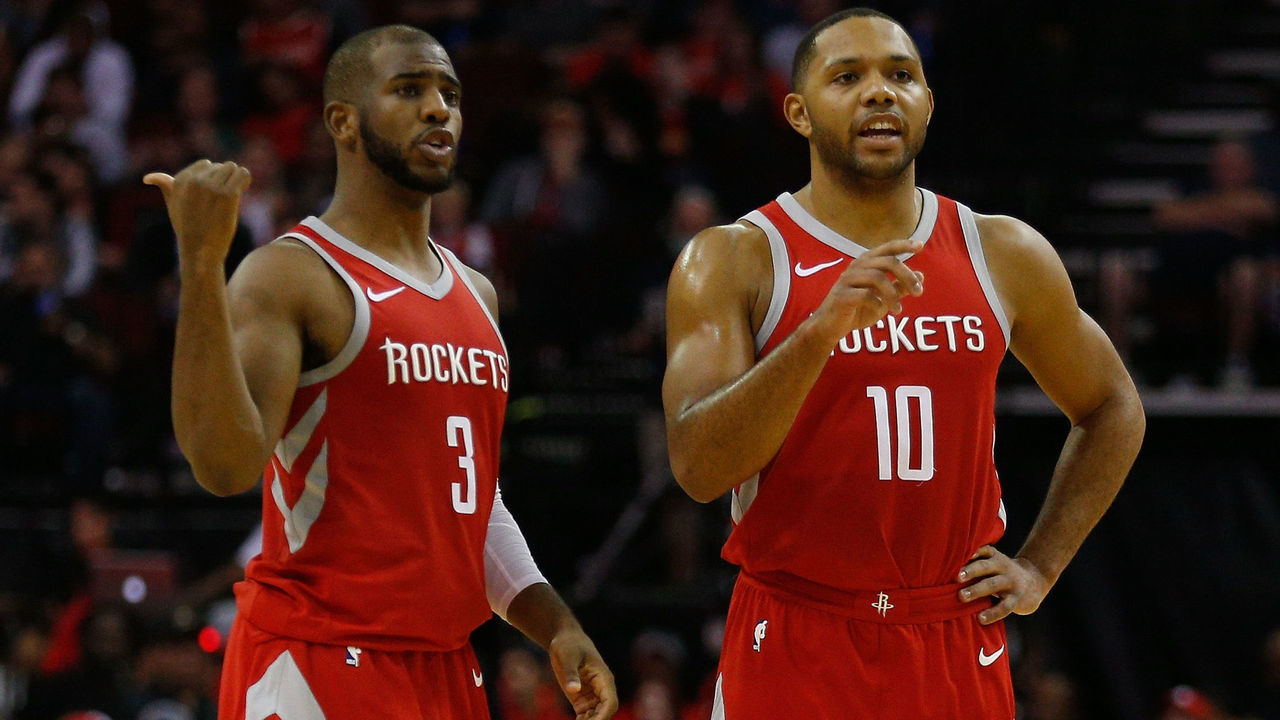HOUSTON, TX - DECEMBER 18: Chris Paul #3 of the Houston Rockets and Eric Gordon #10 talk during a break in action at Toyota Center on December 18, 2017 in Houston, Texas.