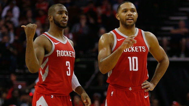 HOUSTON, TX - DECEMBER 18: Chris Paul #3 of the Houston Rockets and Eric Gordon #10 talk during a break in action at Toyota Center on December 18, 2017 in Houston, Texas.