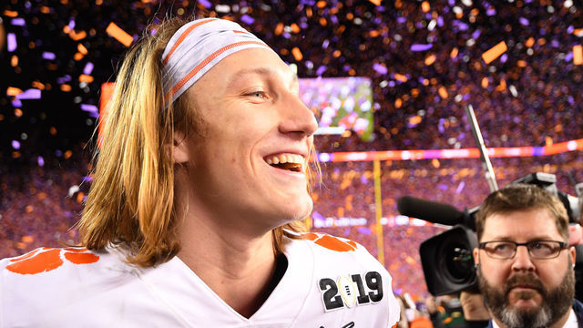 SANTA CLARA, CA - JANUARY 07: Trevor Lawrence #16 of the Clemson Tigers celebrates after defeating the Alabama Crimson Tide during the College Football Playoff National Championship held at Levi's Stadium on January 7, 2019 in Santa Clara, California. Clemson defeated Alabama 44-16.