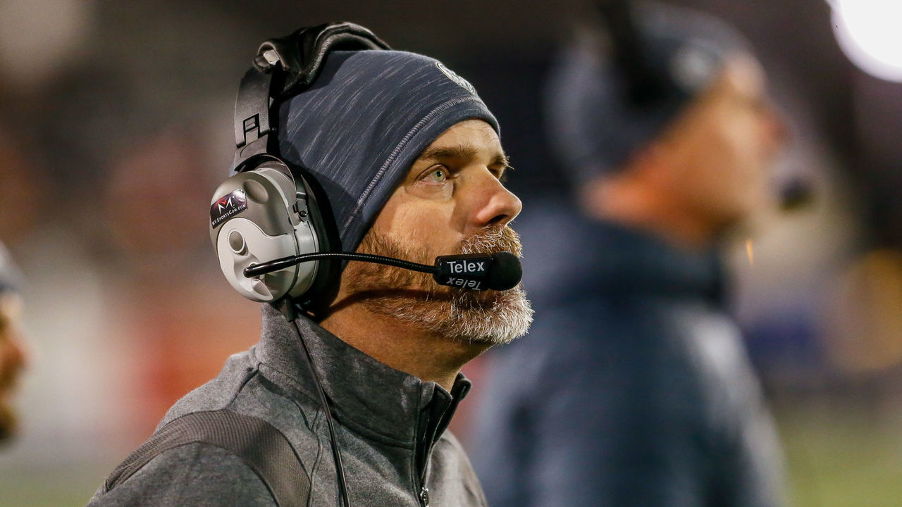 RENO, NV - NOVEMBER 10: Head coach Mike Bobo of the Colorado State Rams watches a replay during the game between the Nevada Wolf Pack and the Colorado State Rams on November 10, 2018 in Reno, Nevada.