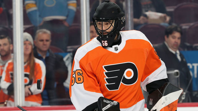 PHILADELPHIA, PA - JANUARY 07: Mike McKenna #56 of the Philadelphia Flyers juggles the puck on his stick during warmups prior to his game against the St Louis Blues on January 7, 2019 at the Wells Fargo Center in Philadelphia, Pennsylvania.