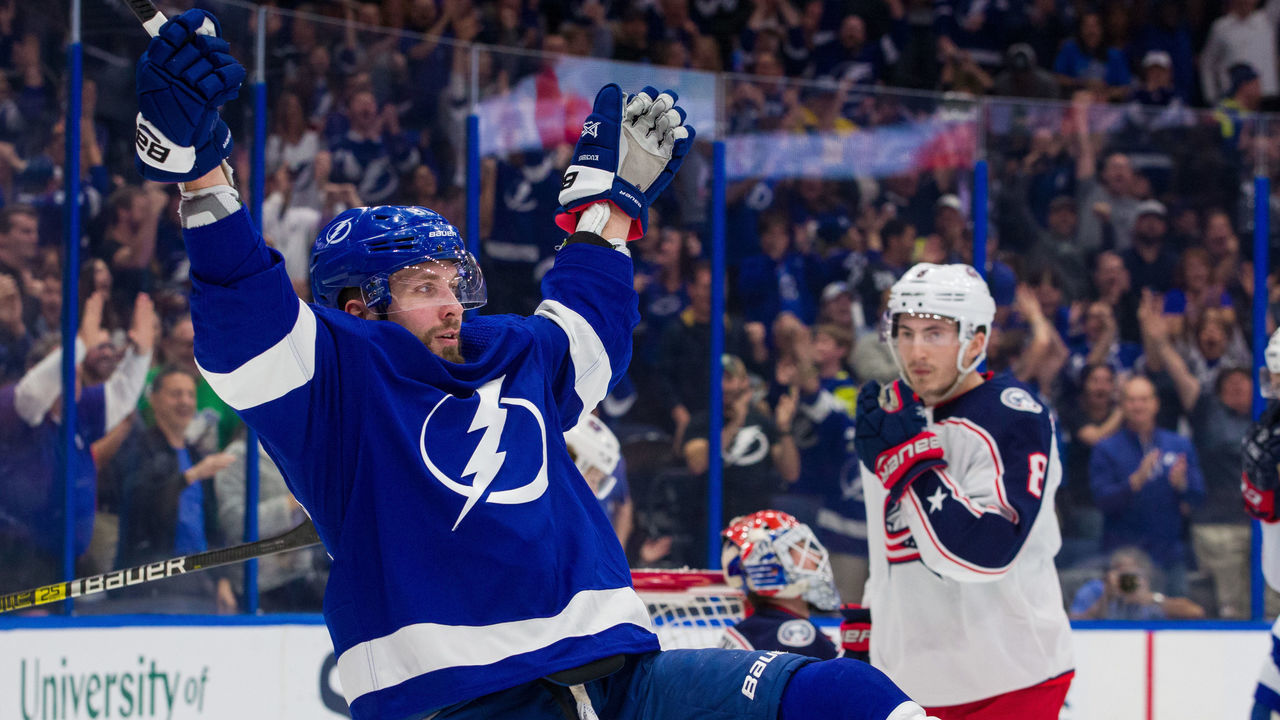 TAMPA, FL - JANUARY 8: Nikita Kucherov #86 of the Tampa Bay Lightning celebrates a goal against the Columbus Blue Jackets during first period at Amalie Arena on January 8, 2019 in Tampa, Florida.
