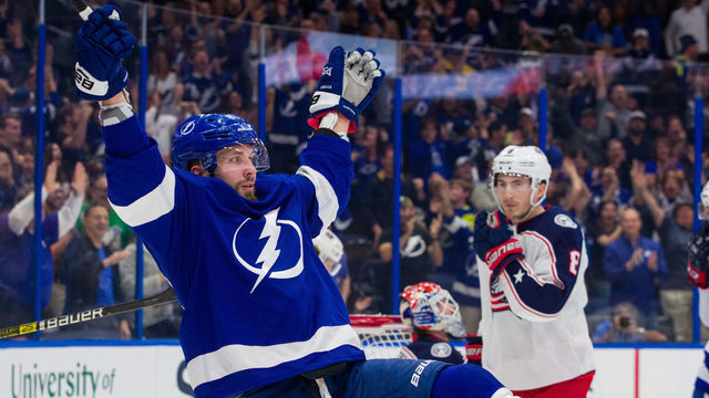 TAMPA, FL - JANUARY 8: Nikita Kucherov #86 of the Tampa Bay Lightning celebrates a goal against the Columbus Blue Jackets during first period at Amalie Arena on January 8, 2019 in Tampa, Florida.