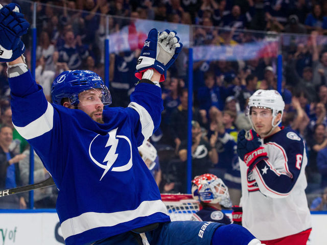 TAMPA, FL - JANUARY 8: Nikita Kucherov #86 of the Tampa Bay Lightning celebrates a goal against the Columbus Blue Jackets during first period at Amalie Arena on January 8, 2019 in Tampa, Florida.