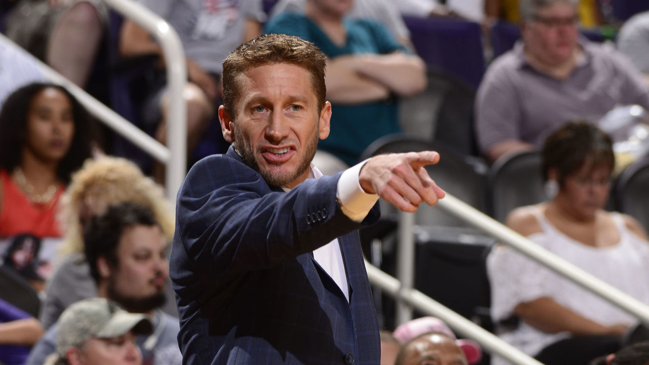 PHOENIX, AZ - JULY 5: Assistsant Coach Todd Troxel of the Phoenix Mercury coaches during the game against the Connecticut Sun on July 5, 2018 at Talking Stick Resort Arena in Phoenix, Arizona. Mandatory Copyright Notice: Copyright 2018 NBAE