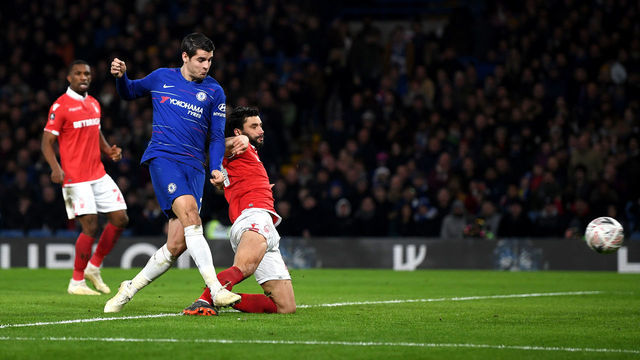 LONDON, ENGLAND - JANUARY 05: Alvaro Morata of Chelsea scores his team's first goal during the FA Cup Third Round match between Chelsea and Nottingham Forest at Stamford Bridge on January 5, 2019 in London, United Kingdom.