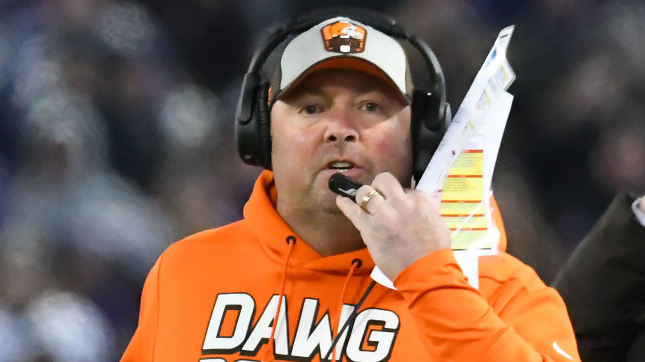 BALTIMORE, MD - DECEMBER 30, 2018: Offensive coordinator Freddie Kitchens of the Cleveland Browns makes a call from the sideline in the fourth quarter of a game against the Baltimore Ravens on December 30, 2018 at M&T Bank Stadium in Baltimore, Maryland. Baltimore won 26-24. (Photo by: 2018 Nick Cammett/Diamond Images/Getty Images)