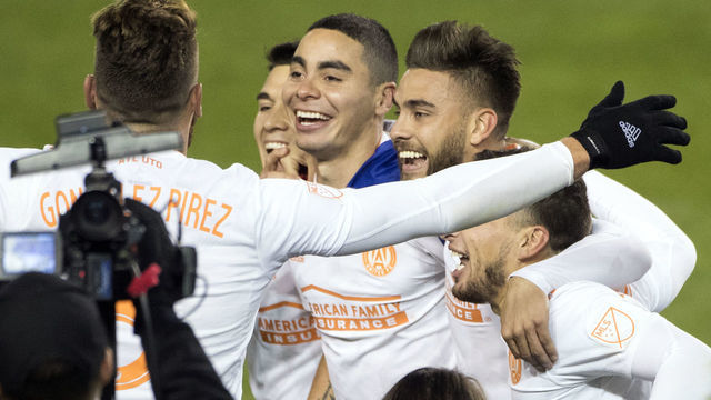 HARRISON, NEW JERSEY- November 29: Miguel Almiron #10 of Atlanta United celebrates with team mates during the New York Red Bulls Vs Atlanta United FC MLS Eastern Conference Final second leg at Red Bull Arena on November 29th, 2018 in Harrison, New Jersey.