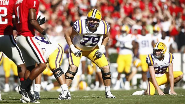 ATHENS, GA - OCTOBER 3: Matt Branch #79 of the LSU Tigers lines up to block against the Georgia Bulldogs at Sanford Stadium on October 3, 2009 in Athens, Georgia. LSU won 20-13.