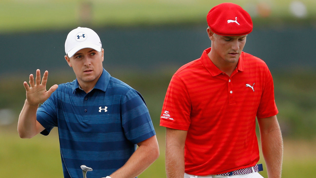 OAKMONT, PA - JUNE 16: Jordan Spieth of the United States reacts after chipping on to the 13th green as Bryson DeChambeau of the United States looks on during the first round of the U.S. Open at Oakmont Country Club on June 16, 2016 in Oakmont, Pennsylvania.