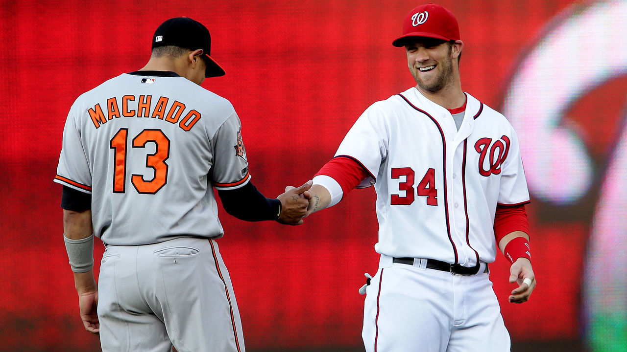 July 07 2014: Washington Nationals left fielder Bryce Harper (34) greets Baltimore Orioles third base Manny Machado (13) before a MLB game at Nationals Park, in Washington D.C.