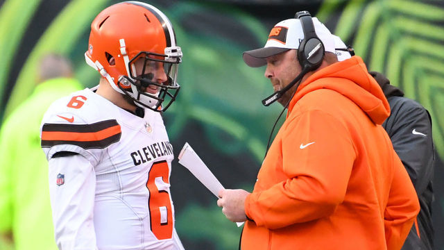 CINCINNATI, OH - NOVEMBER 25, 2018: Quarterback Baker Mayfield #6 and offensive coordinator Freddie Kitchens of the Cleveland Browns talk on the field in the fourth quarter of a game against the Cincinnati Bengals on November 25, 2018 at Paul Brown Stadium in Cincinnati, Ohio. Cleveland won 35-20. (Photo by: 2018 Nick Cammett/Diamond Images/Getty Images)