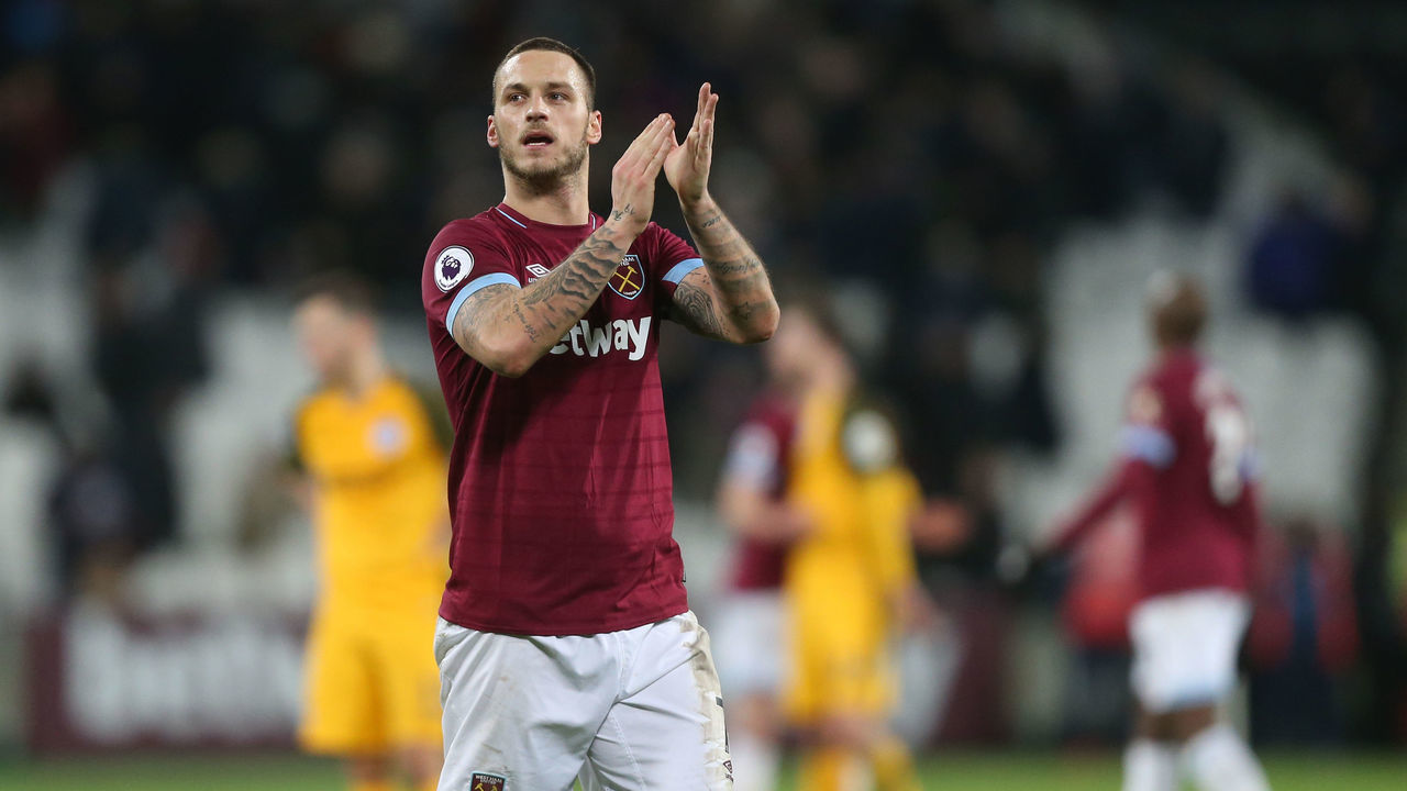 LONDON, ENGLAND - JANUARY 02: West Ham United's Marko Arnautovic applauds the fans at the end of the game during the Premier League match between West Ham United and Brighton & Hove Albion at London Stadium on January 2, 2019 in London, United Kingdom.