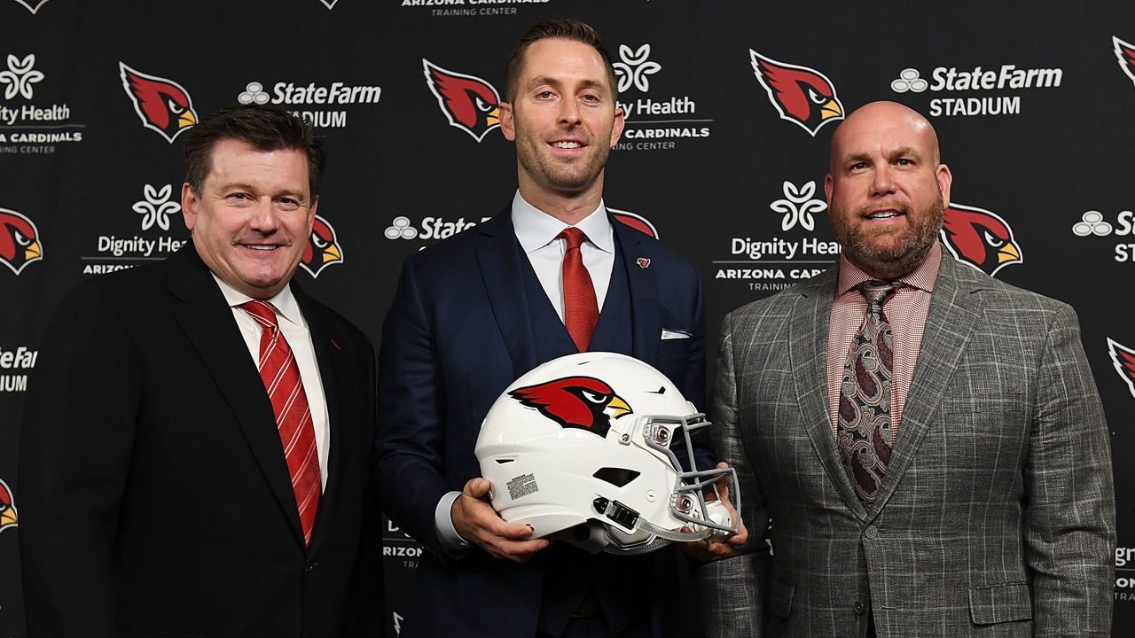TEMPE, AZ - JANUARY 09: Arizona Cardinals team president Michael Bidwill (L) and general manager (R) Steve Keim introduce the new head coach Kliff Kingsbury to the media at the Arizona Cardinals Training Facility on January 9, 2019 in Tempe, Arizona.