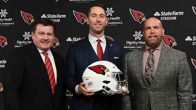 TEMPE, AZ - JANUARY 09: Arizona Cardinals team president Michael Bidwill (L) and general manager (R) Steve Keim introduce the new head coach Kliff Kingsbury to the media at the Arizona Cardinals Training Facility on January 9, 2019 in Tempe, Arizona.