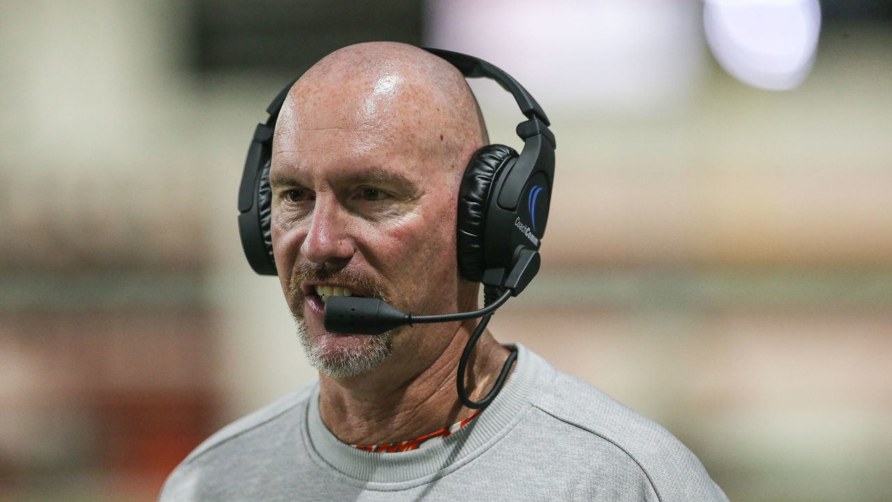 POCATELLO, ID - AUGUST 31: Head Coach Rob Phenicie of the Idaho State Bengals talks with his coaching staff during second half action against the Western State Mountaineers on August 31, 2018 at Holt Arena in Pocatello, Idaho. Idaho State won the game 45-10.
