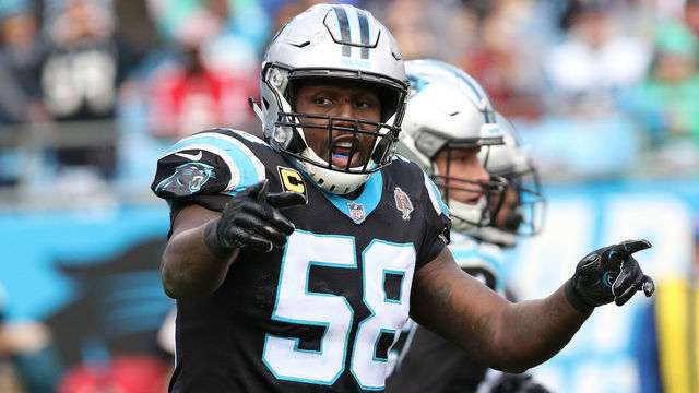 CHARLOTTE, NC - DECEMBER 23: Thomas Davis (58) linebacker Carolina directs players during an NFL football game between the Carolina Panthers and the Atlanta Falcons on December 23, 2018 at Bank of America Stadium in Charlotte, NC.