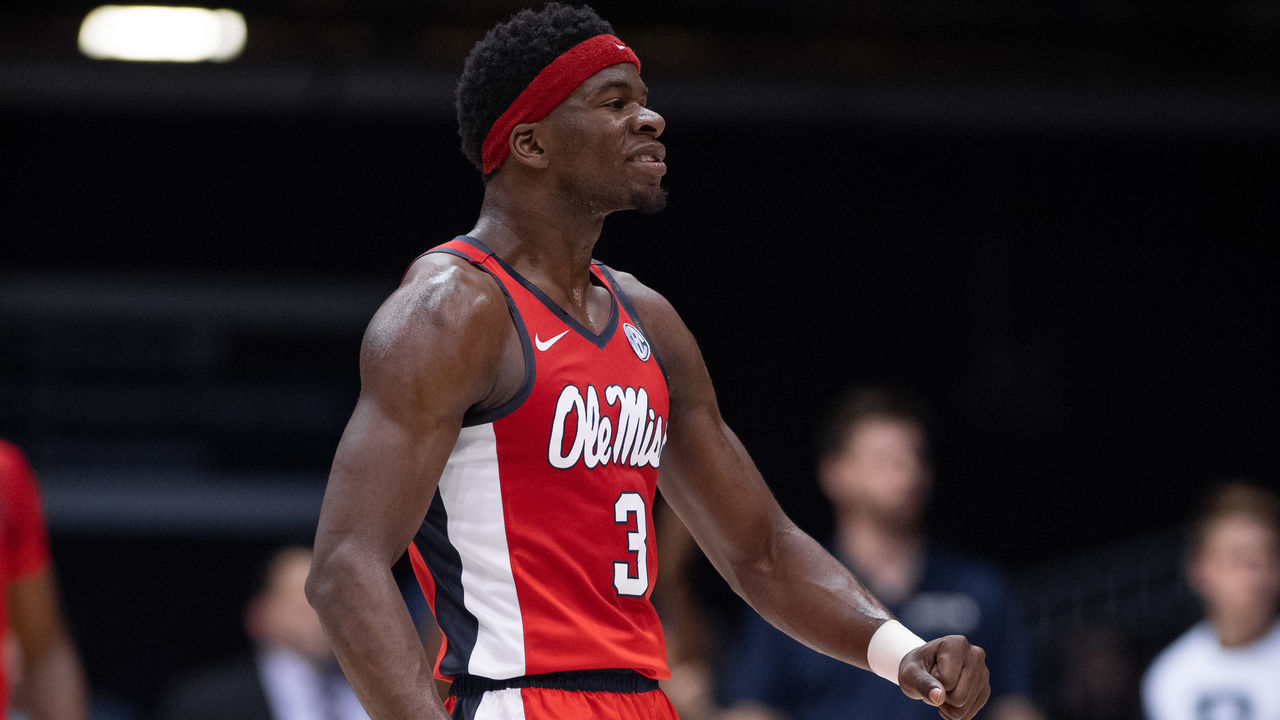 INDIANAPOLIS, IN - NOVEMBER 16: Ole Miss Rebels guard Terence Davis (3) celebrates hitting a three pointer during the men's college basketball game between the Butler Bulldogs and Ole Miss Rebels on November 16, 2018, at Hinkle Fieldhouse in Indianapolis, IN.