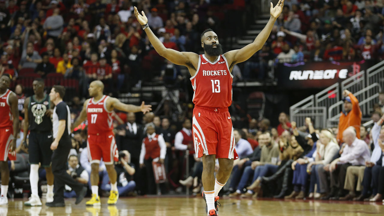 HOUSTON, TX - JANUARY 09: James Harden #13 of the Houston Rockets celebrates after a three point shot in the first half against the Milwaukee Bucks at Toyota Center on January 9, 2019 in Houston, Texas.