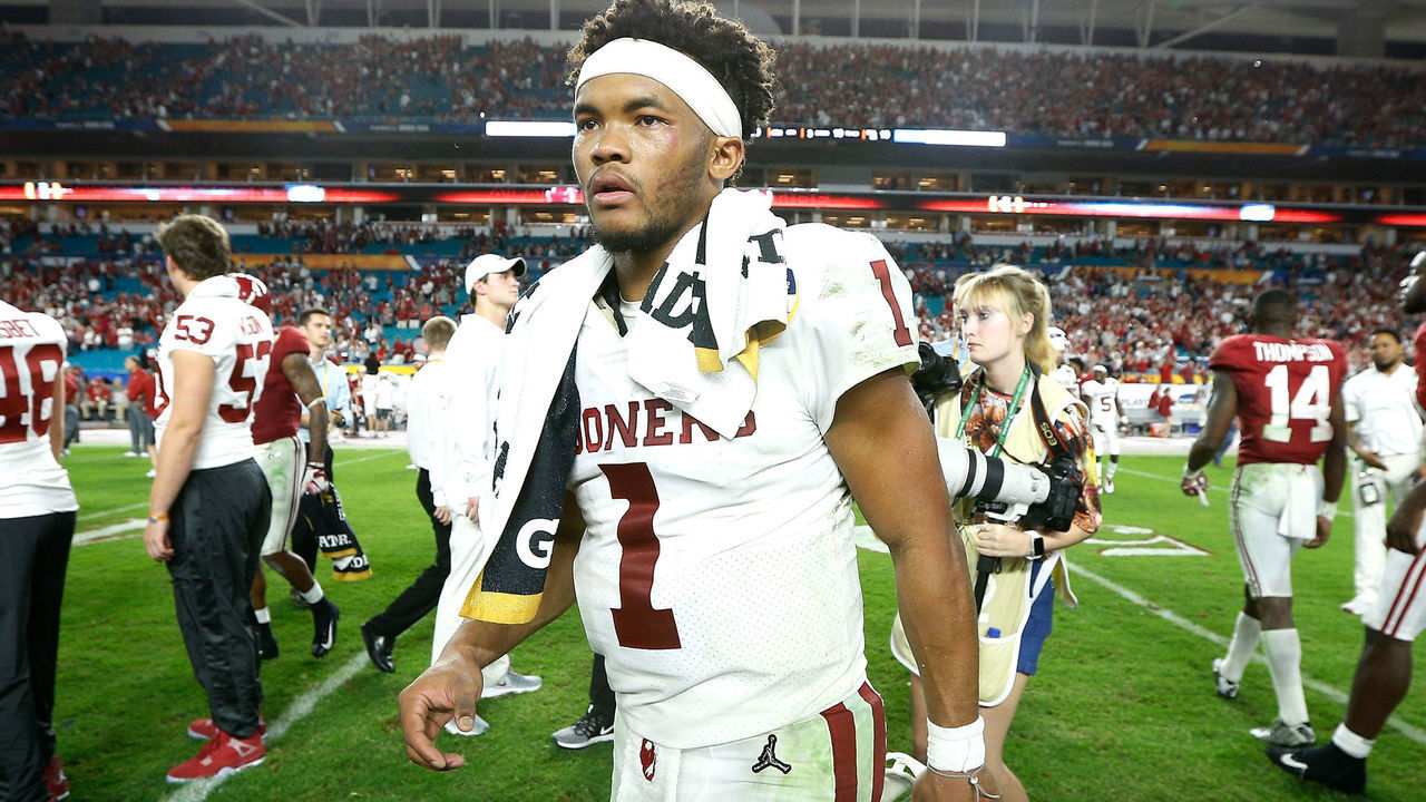 MIAMI, FL - DECEMBER 29: Kyler Murray #1 of the Oklahoma Sooners reacts after losing to the Alabama Crimson Tide in the College Football Playoff Semifinal at the Capital One Orange Bowl at Hard Rock Stadium on December 29, 2018 in Miami, Florida.