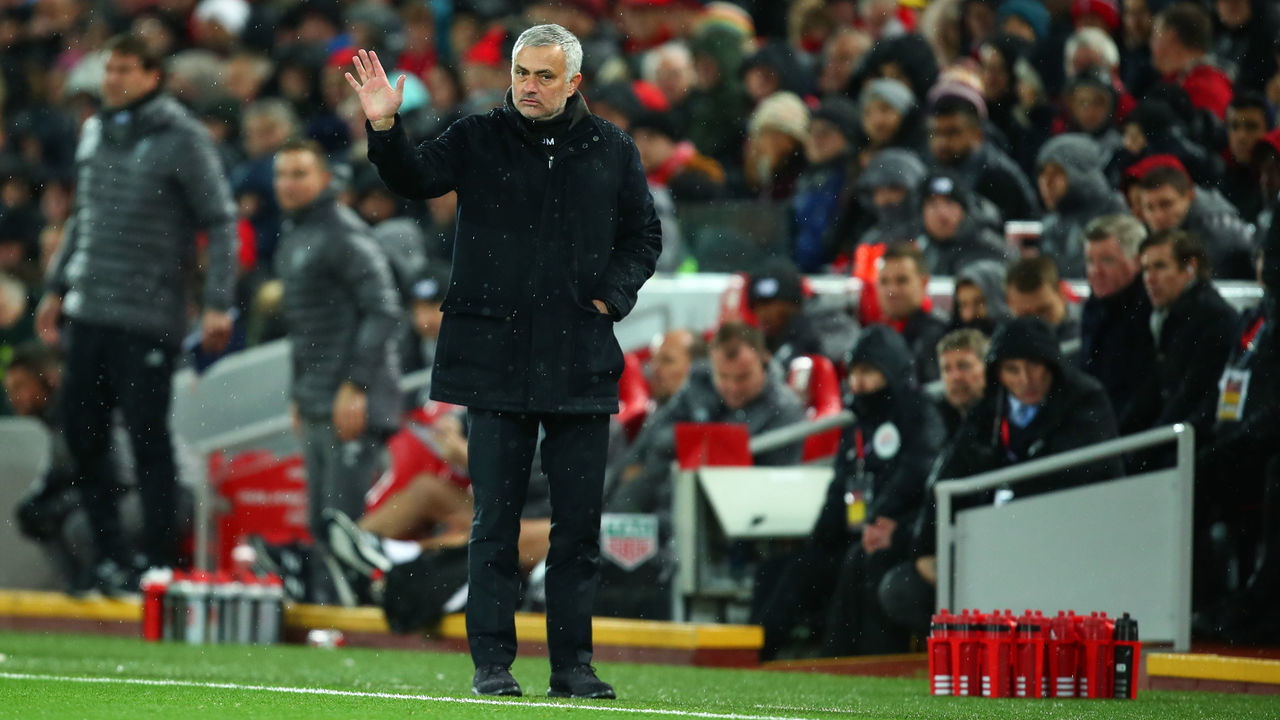 LIVERPOOL, ENGLAND - DECEMBER 16: Manchester United Manager \ Head Coach Jose Mourinho during the Premier League match between Liverpool FC and Manchester United at Anfield on December 16, 2018 in Liverpool, United Kingdom.
