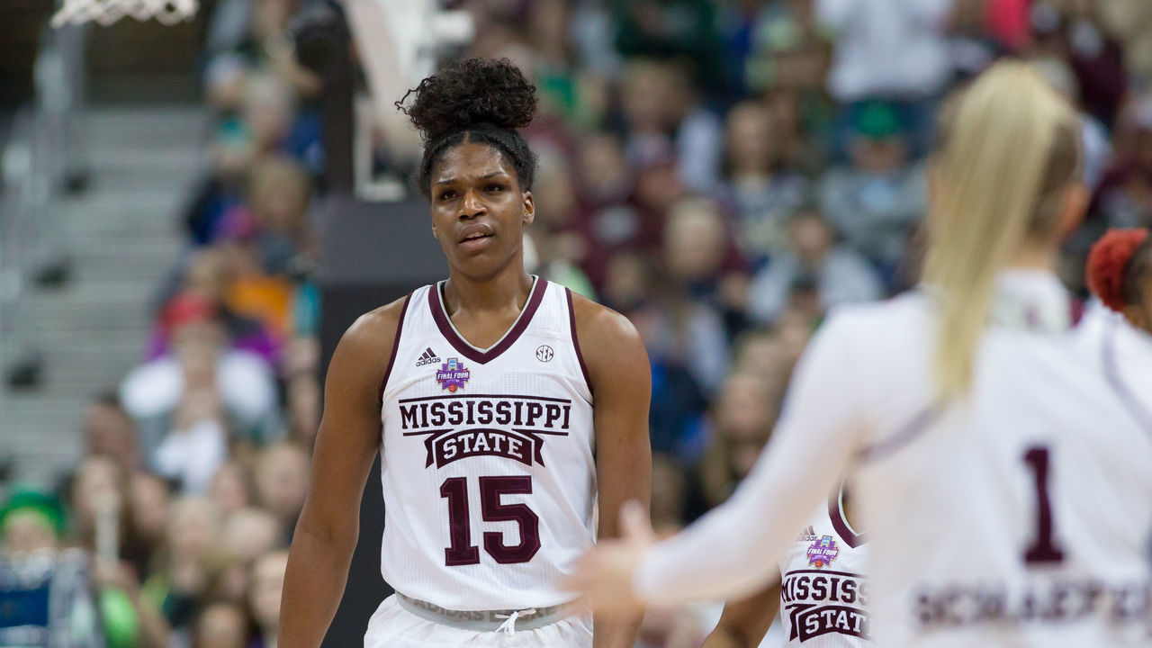 COLUMBUS, OH - APRIL 01: Mississippi State Lady Bulldogs center Teaira McCowan (15) is disgusted on the way back to the bench in the National Championship game between the Mississippi State Lady Bulldogs and the Notre Dame Fighting Irish on April 1, 2018 at Nationwide Arena. Notre Dame won 61-58.