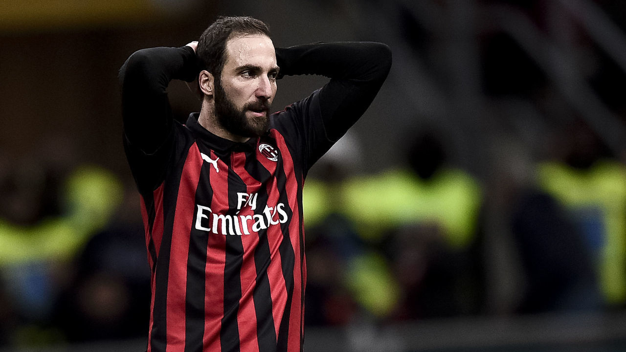 STADIO GIUSEPPE MEAZZA, MILAN, ITALY - 2018/12/09: Gonzalo Higuain of AC Milan looks dejected during the Serie A football match between AC Milan and Torino FC. The match ended in a 0-0 tie.