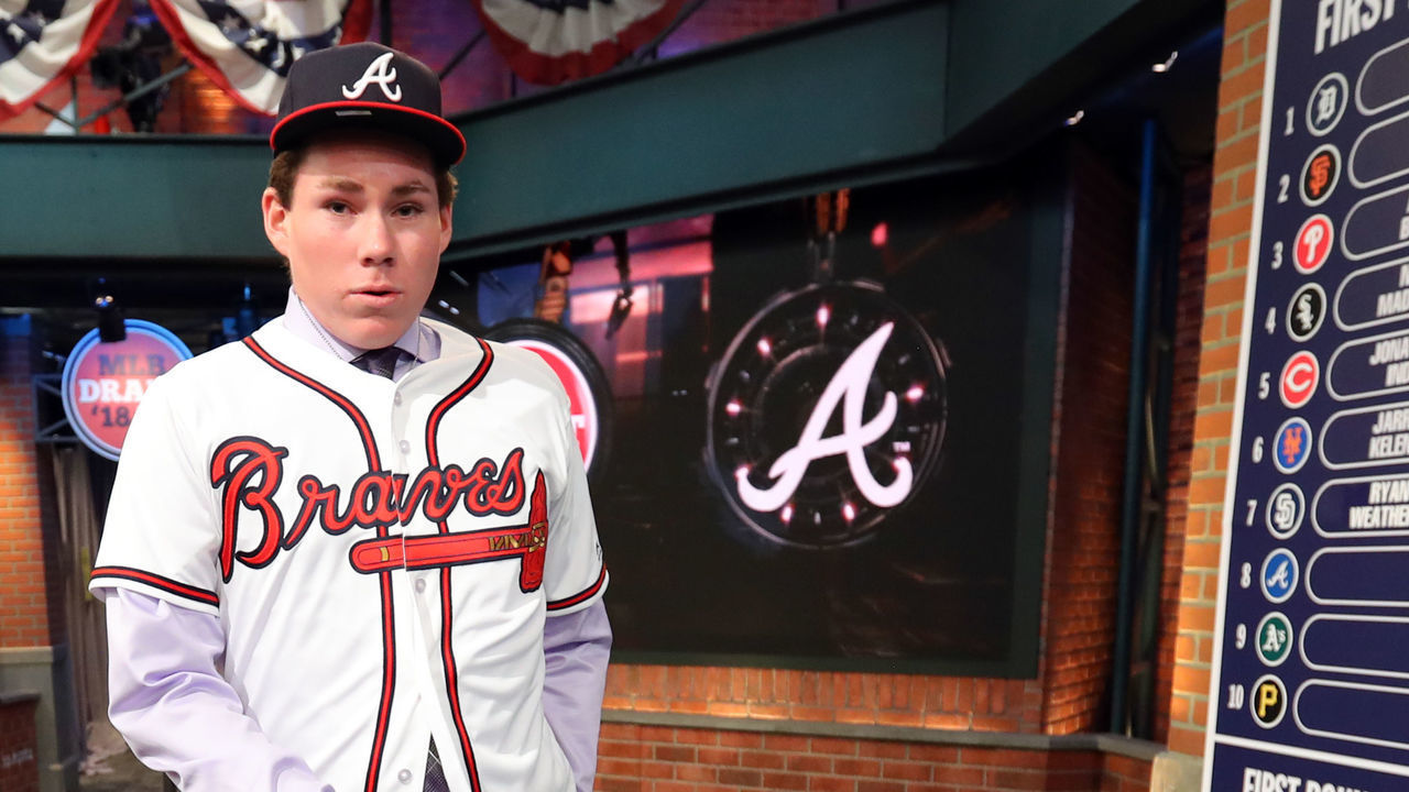 SECAUCUS, NJ - JUNE 4: Eighth overall selection in the 2018 Major League Baseball draft Carter Stewart looks on during the 2018 Major League Baseball Draft at Studio 42 at the MLB Network on Monday, June 4, 2018 in Secaucus, New Jersey.