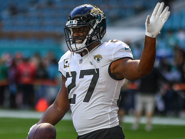 MIAMI, FL - DECEMBER 23: Leonard Fournette #27 of the Jacksonville Jaguars warms up before the game against the Miami Dolphins at Hard Rock Stadium on December 23, 2018 in Miami, Florida.