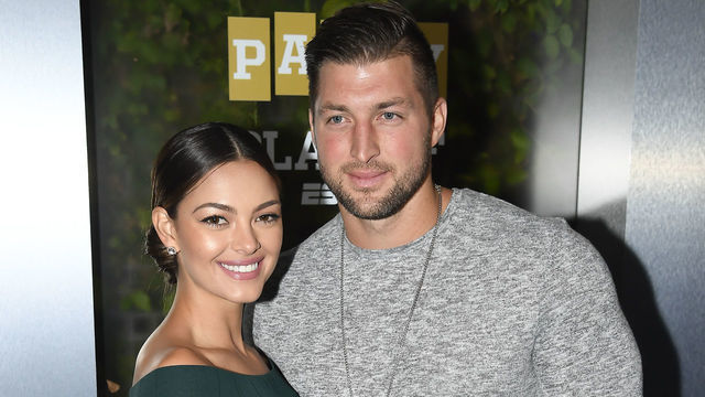SAN JOSE, CA - JANUARY 05: (L-R) Miss Universe 2017 Demi-Leigh Nel-Peters and Tim Tebow of ESPN attend the Party At The Playoff at The GlassHouse on January 5, 2019 in San Jose, California.