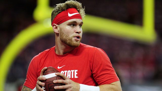 INDIANAPOLIS, IN - DECEMBER 01: Ohio State Buckeyes quarterback Tate Martell (18) warms up for the Big Ten Conference Championship college football game between the Northwestern Wildcats and the Ohio State Buckeyes on December 1, 2018, at Lucas Oil Stadium in Indianapolis, Indiana.