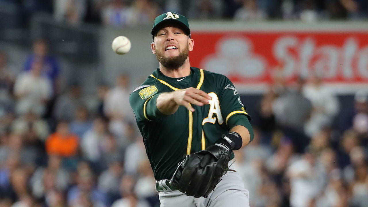 NEW YORK, NY - OCTOBER 3: Jed Lowrie #8 of the Oakland Athletics throws the ball to first base during the American League Wild Card game against the New York Yankees at Yankee Stadium on Wednesday, October 3, 2018 in the Bronx borough of New York City.