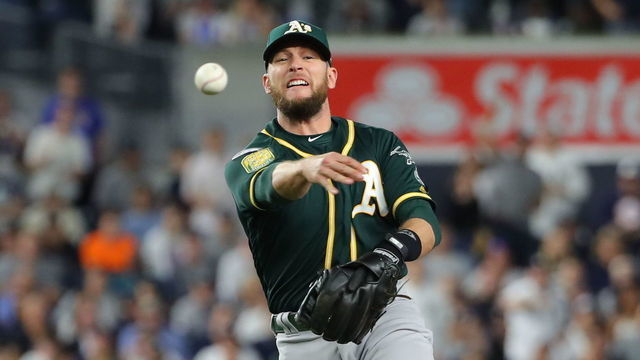 NEW YORK, NY - OCTOBER 3: Jed Lowrie #8 of the Oakland Athletics throws the ball to first base during the American League Wild Card game against the New York Yankees at Yankee Stadium on Wednesday, October 3, 2018 in the Bronx borough of New York City.