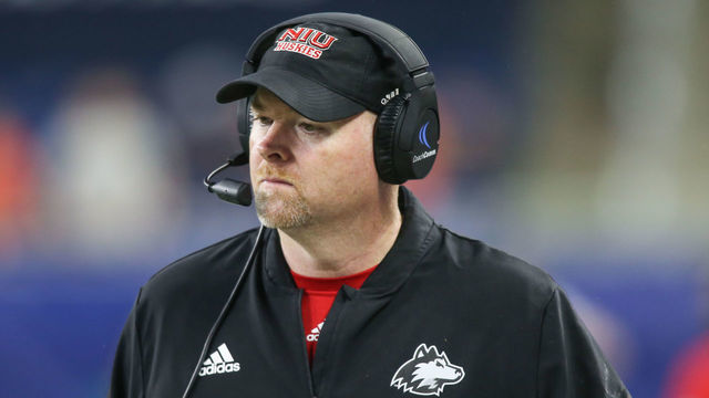 DETROIT, MI - NOVEMBER 30: Northern Illinois Huskies head coach Rod Carey looks on during the Mid-American Conference championship game between the Northern Illinois Huskies and the Buffalo Bulls on November 29, 2018 at Ford Field in Detroit, Michigan. Northern Illinois defeated Buffalo 30-29.