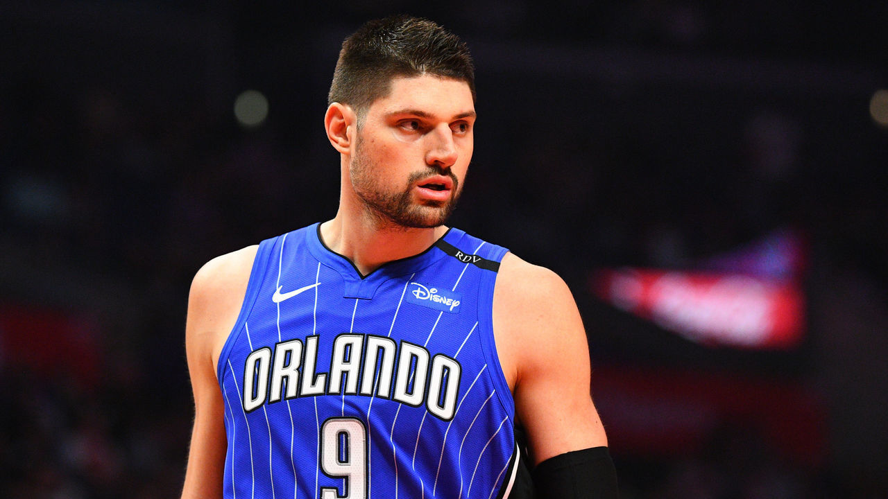 LOS ANGELES, CA - JANUARY 06: Orlando Magic Center Nikola Vucevic (9) looks on during a NBA game between the Orlando Magic and the Los Angeles Clippers on January 6, 2019 at STAPLES Center in Los Angeles, CA.