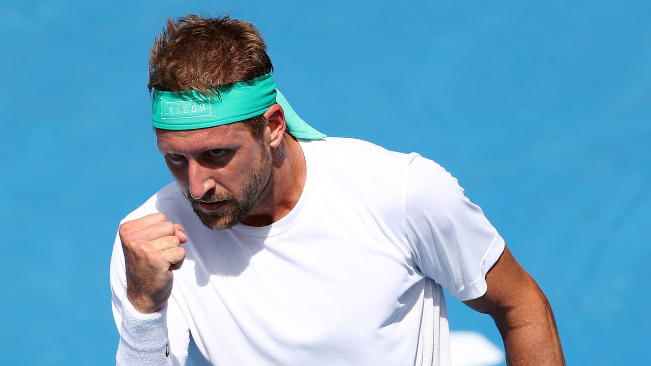 Tebbys Sandgren of the US celebrates a point during his men's singles semi final match against Philipp Kohlschreiber of Germany at the ATP Auckland Classic tennis tournament in Auckland on January 11, 2019